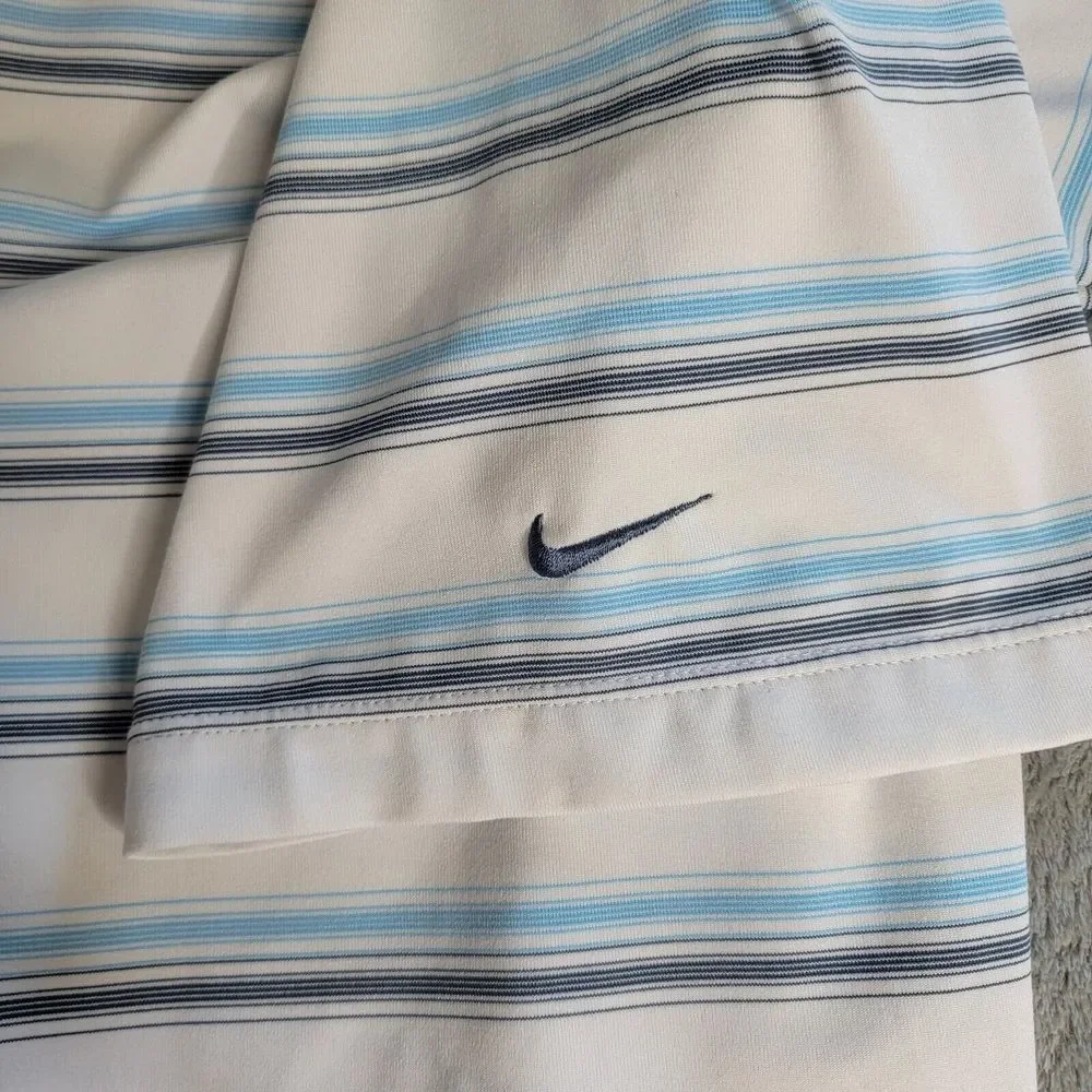 Nike Golf Dri Fit UV Polo Short Sleeve White Blue Stripe Large Shirt Casual Golf